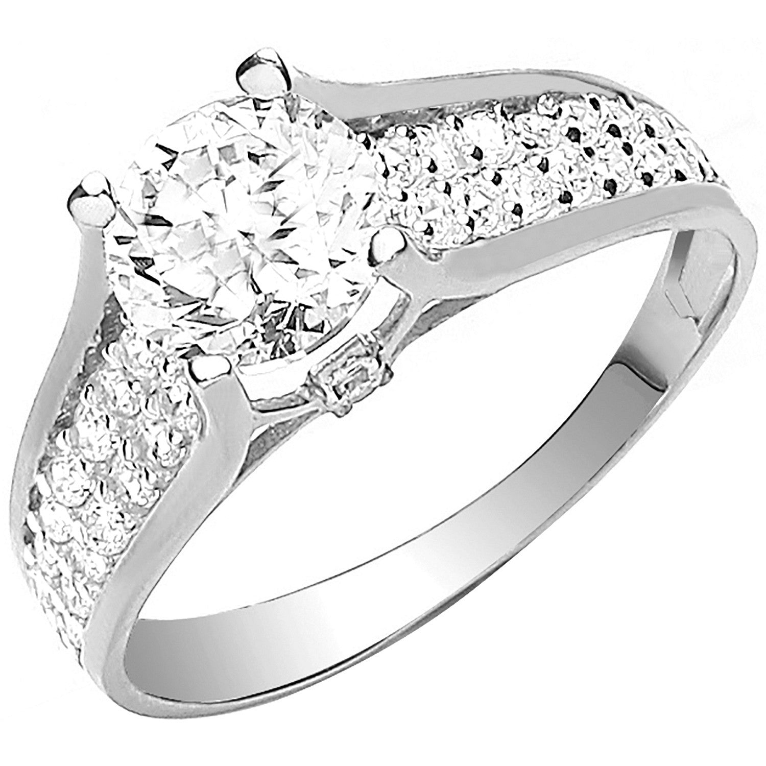 9ct White Gold Ladies Single Stone Two Row Cubic Zirconia Shoulder Ring