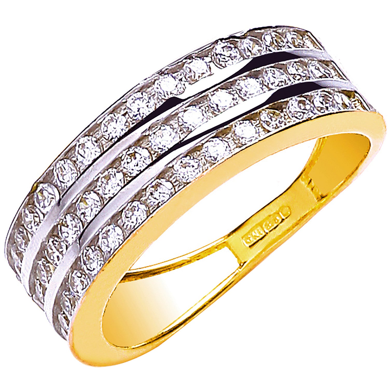 9ct Yellow Gold Ladies Three Row Cubic Zirconia Ring