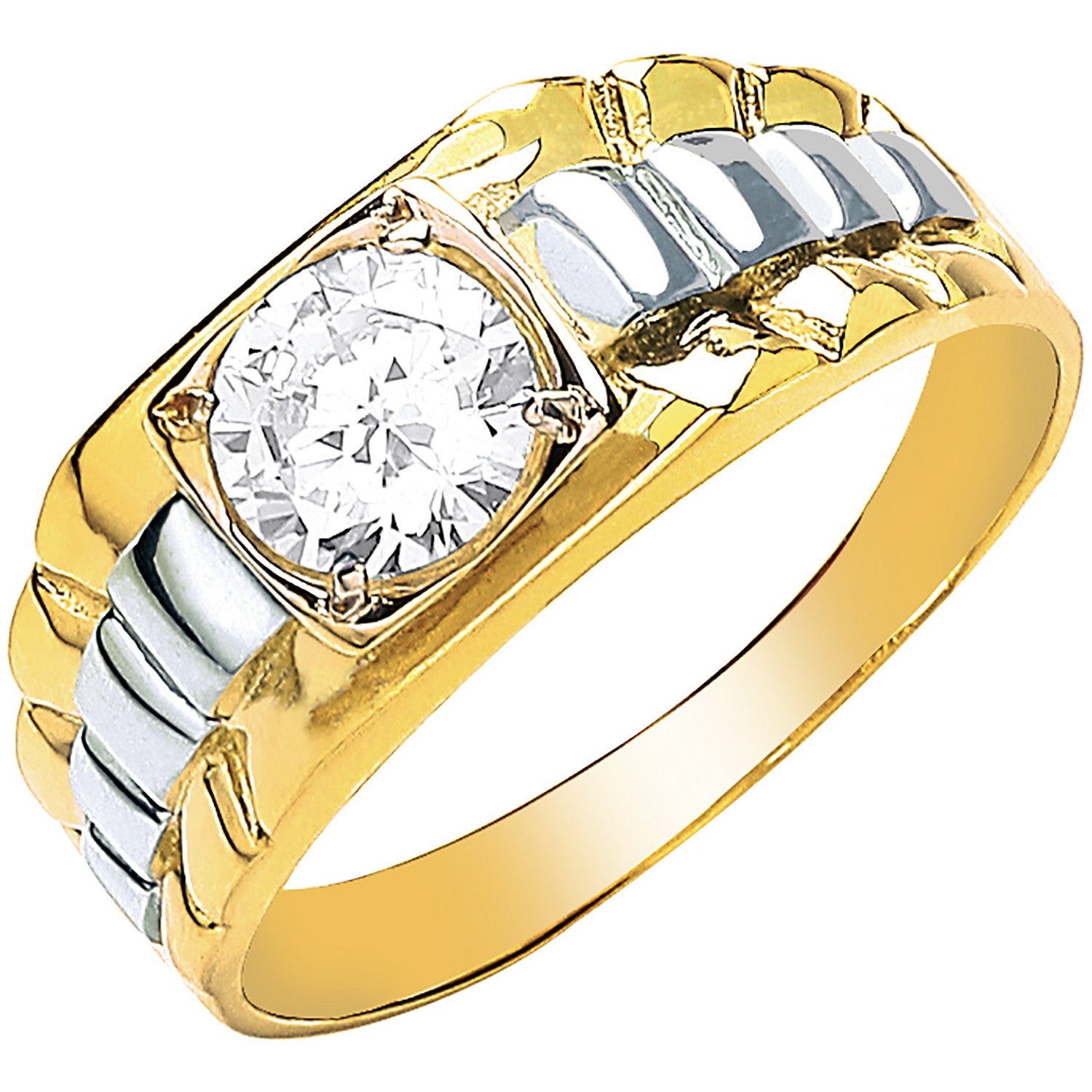 9ct Yellow Gold Gents Square Top Cubic Zirconia Two Colour Ring