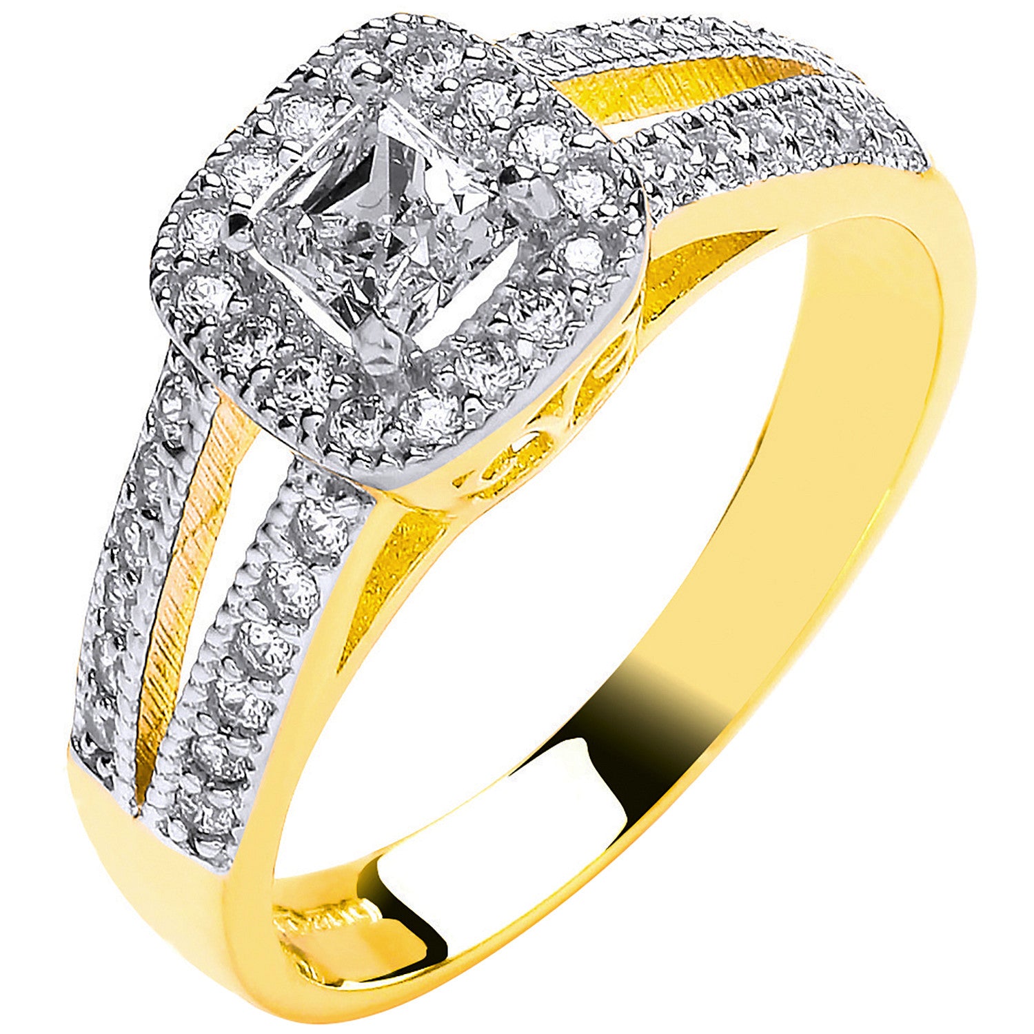 9ct Yellow Gold Ladies Princess Centre Split Shank Cubic Zirconia Ring