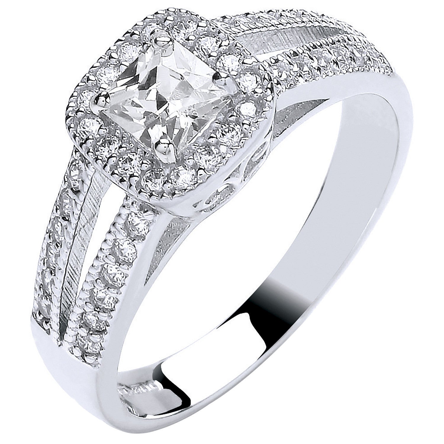 9ct White Gold Ladies Princess Centre Split Shank Cubic Zirconia Ring