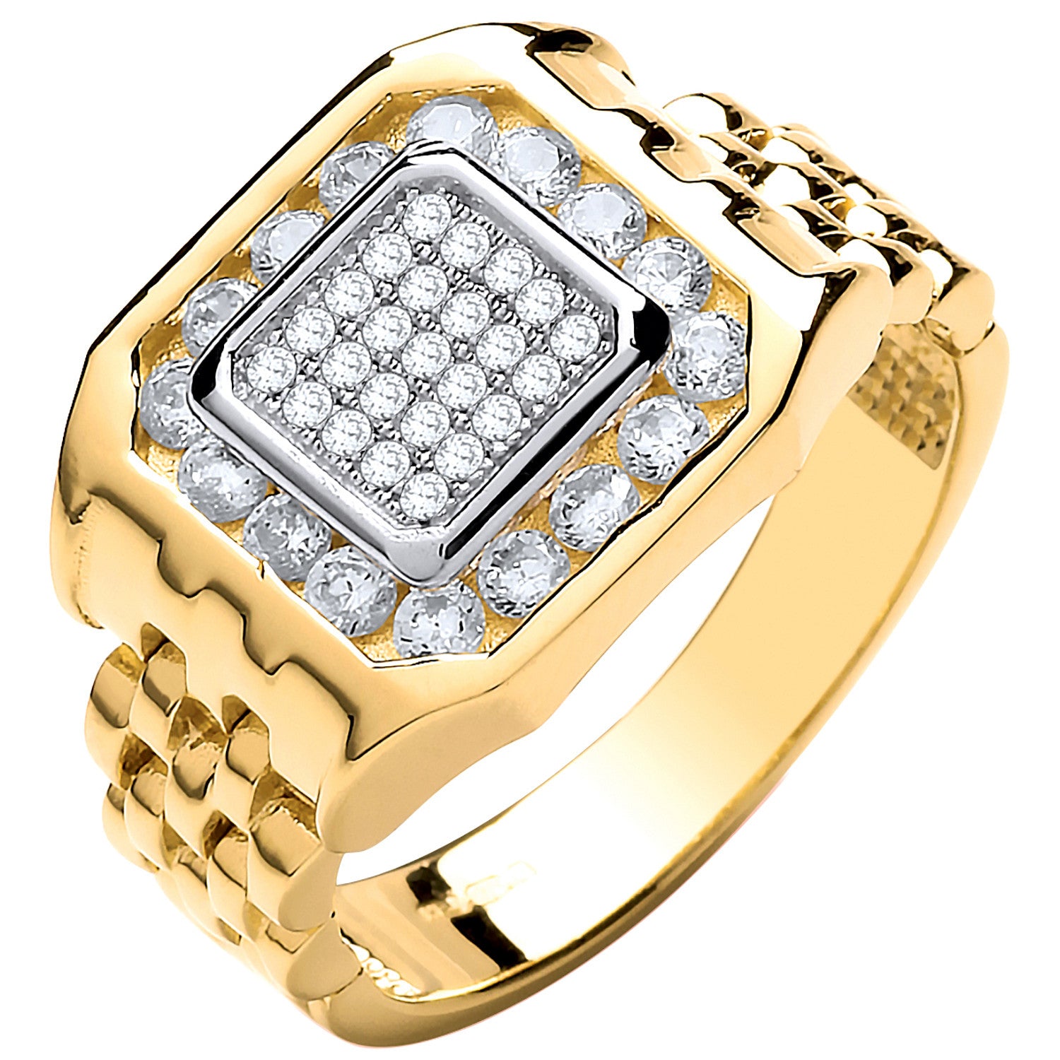 9ct Yellow Gold Panther Link & Cubic Zirconia's Gents Ring