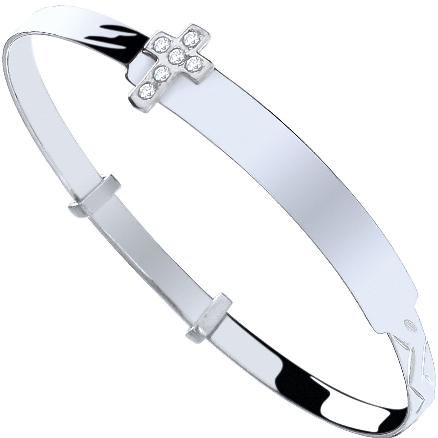Sterling Silver Baby ID with Cubic Zirconia Cross Expandable Bangle
