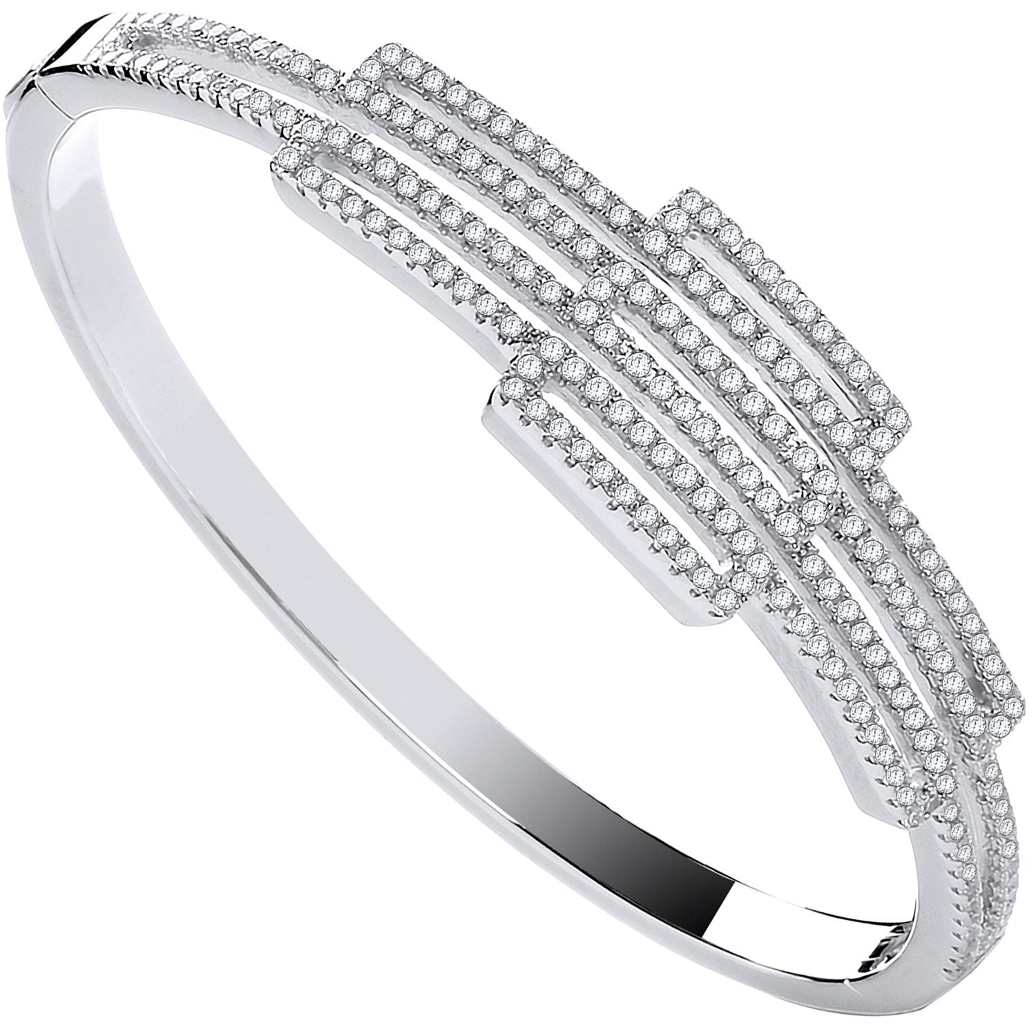 Sterling Silver Cubic Zirconia Rectangles Fancy Ladies Hinged Bangle