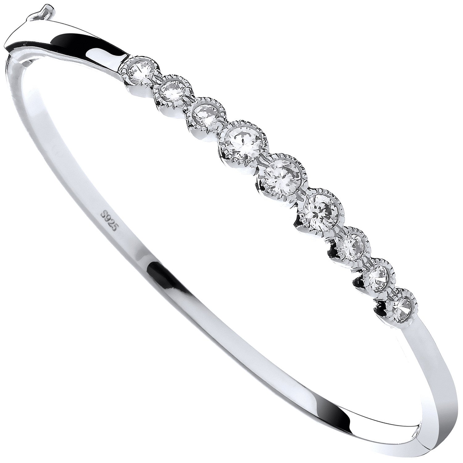 Sterling Silver Rubover Cubic Zirconia Ladies Hinged Bangle