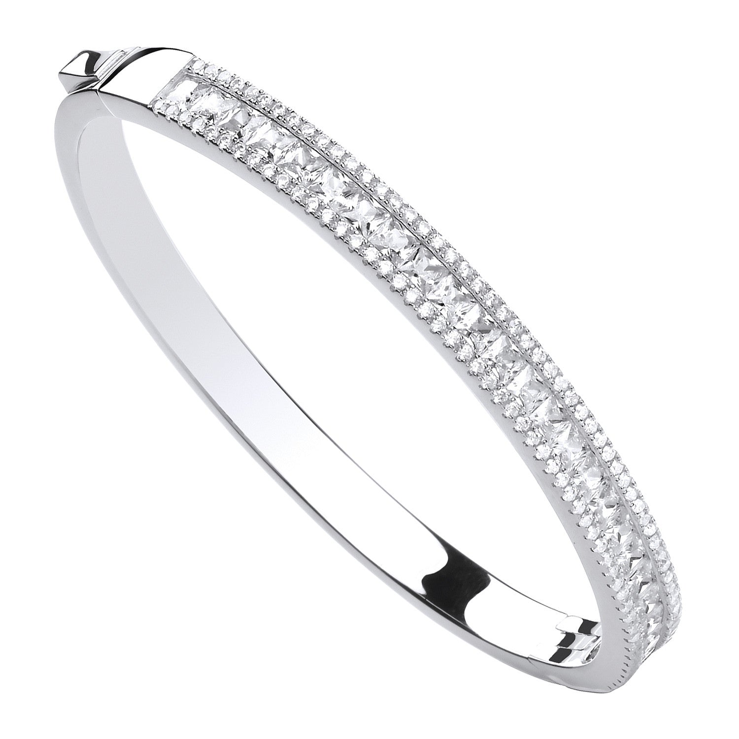 Sterling Silver Hinged Princess Cut & Round Cubic Zirconias Bangle