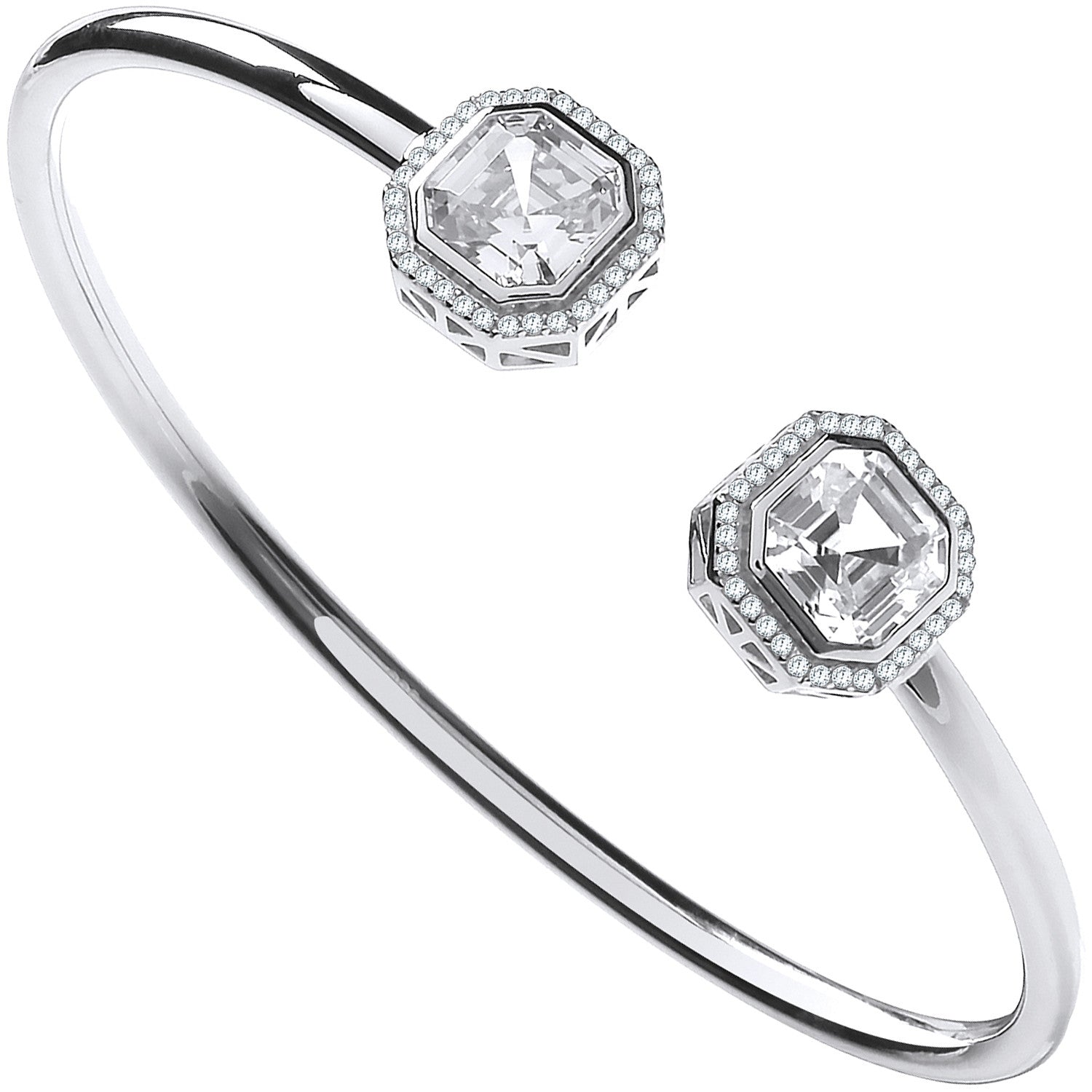 Sterling Silver Octagon Cubic Zirconia Torque Hollow Bangle
