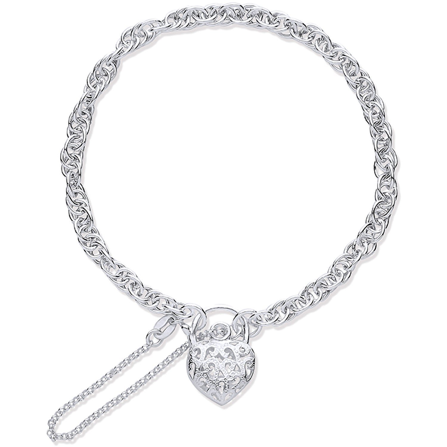 Sterling Silver Padlock Charm Bracelet with Safety Chain