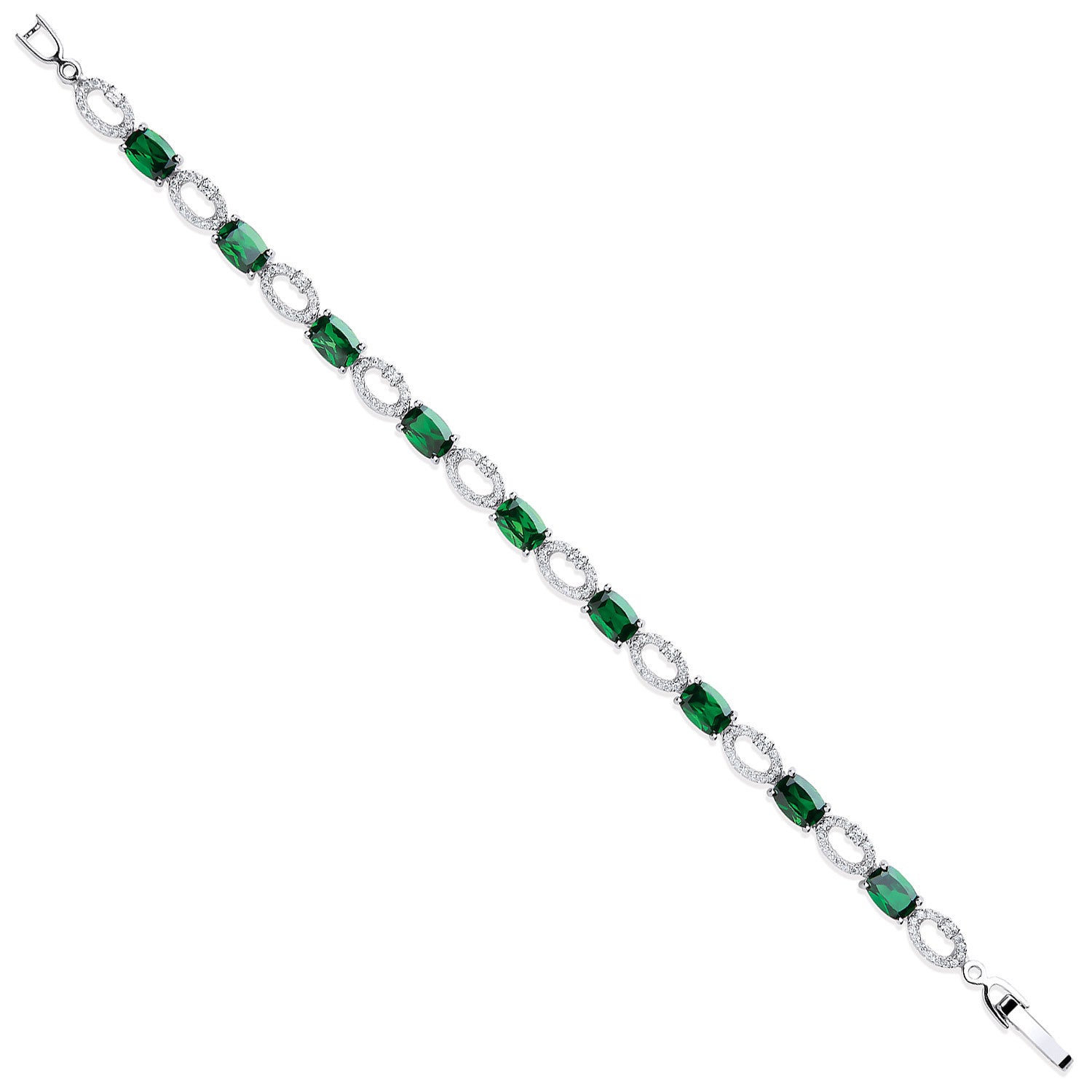 Sterling Silver Oval Cut Green & Clear Cubic Zirconias Tennis Bracelet