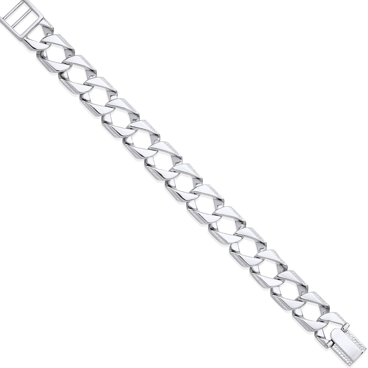 Sterling Silver 15mm Large Square Curb Ribbed Edge Link Gents Bracelet