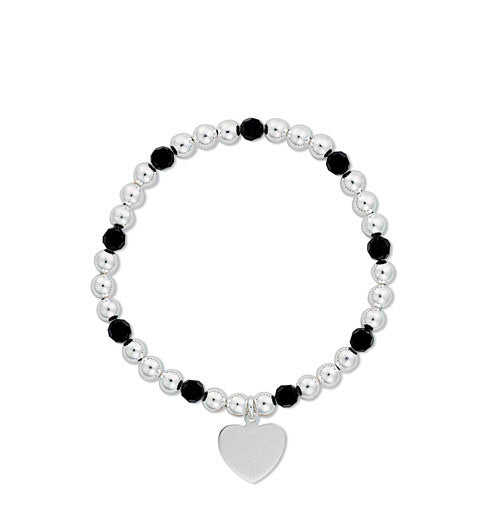 Sterling Silver & Black Beaded Heart Drop Bracelet