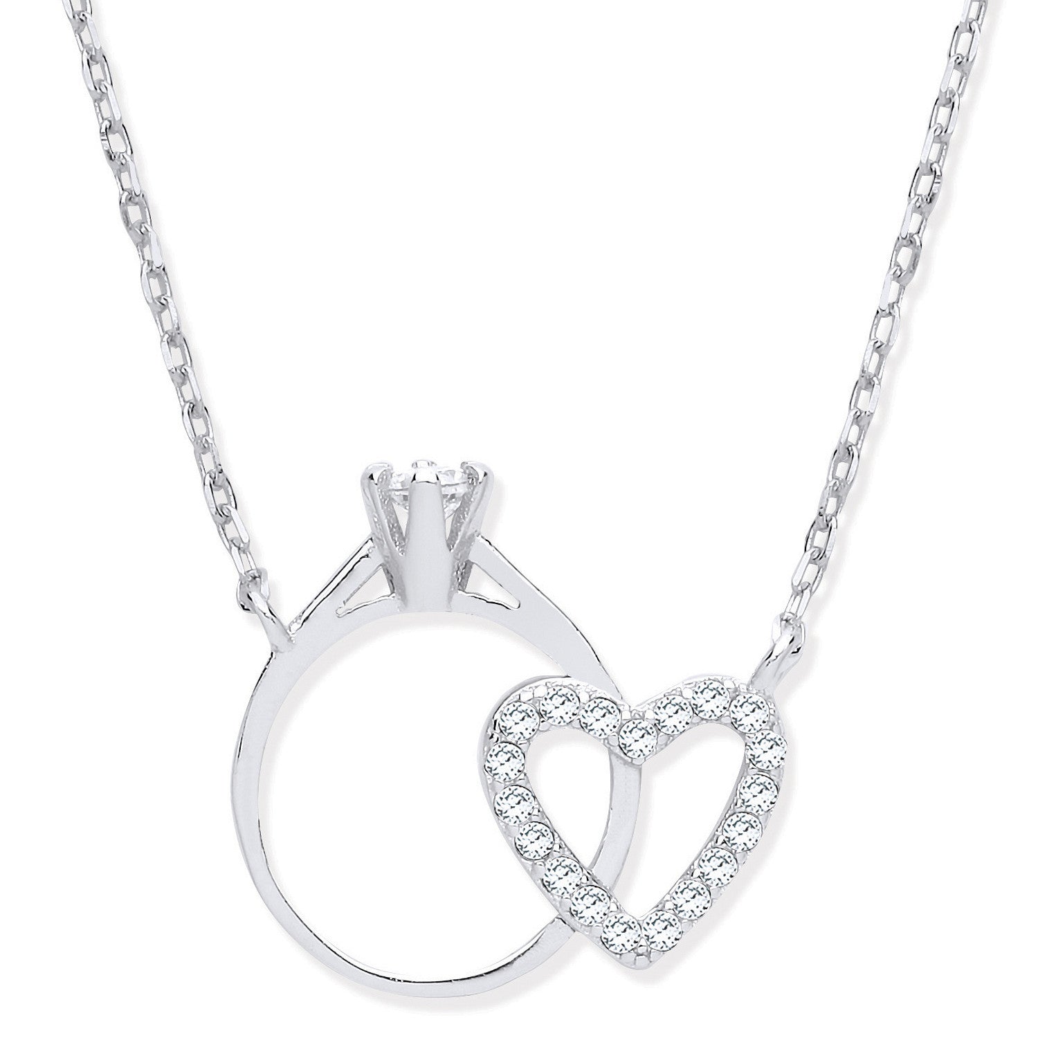 Sterling Silver Chain with Little Cubic Zirconia Engagement Ring & Heart