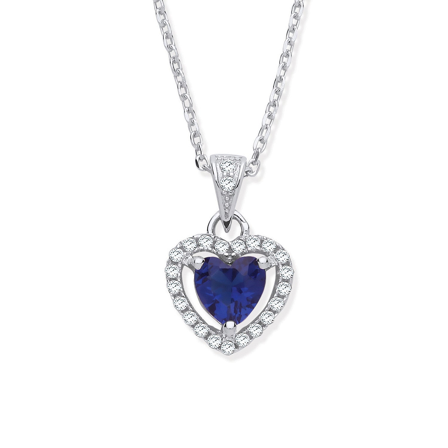 Sterling Silver Blue Cubic Zirconia Halo Heart Pendant Necklace