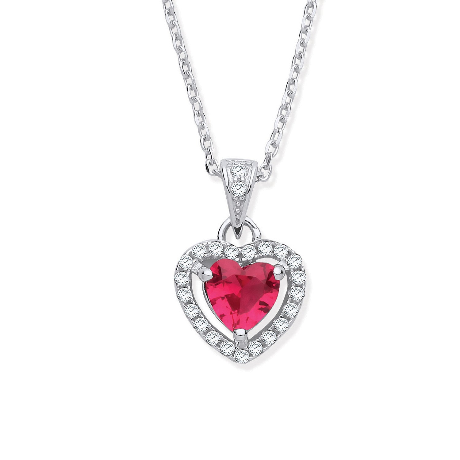 Sterling Silver Red Cubic Zirconia Halo Heart Pendant Necklace