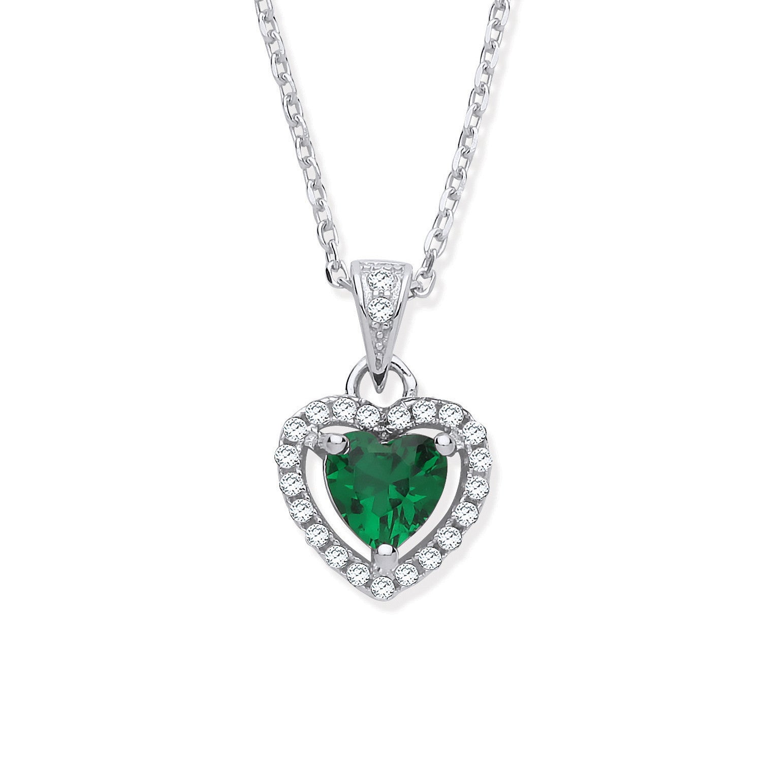 Sterling Silver Green Cubic Zirconia Halo Heart Pendant Necklace