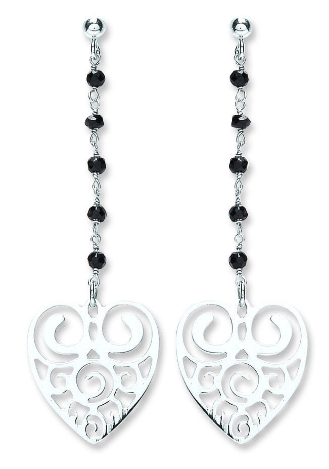 P/P Sterling Silver Black Bead Filigree Heart Drops
