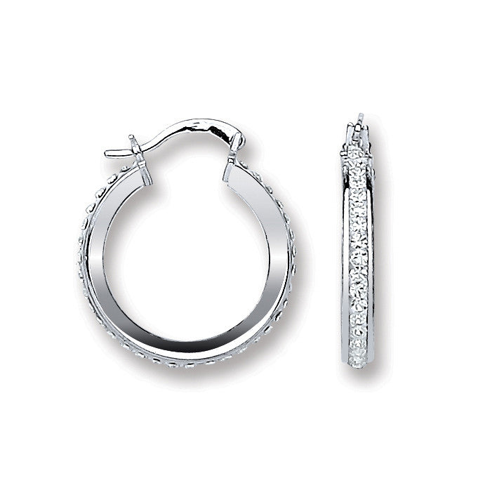 Sterling Silver Single Row Crystal Hoop Earrings