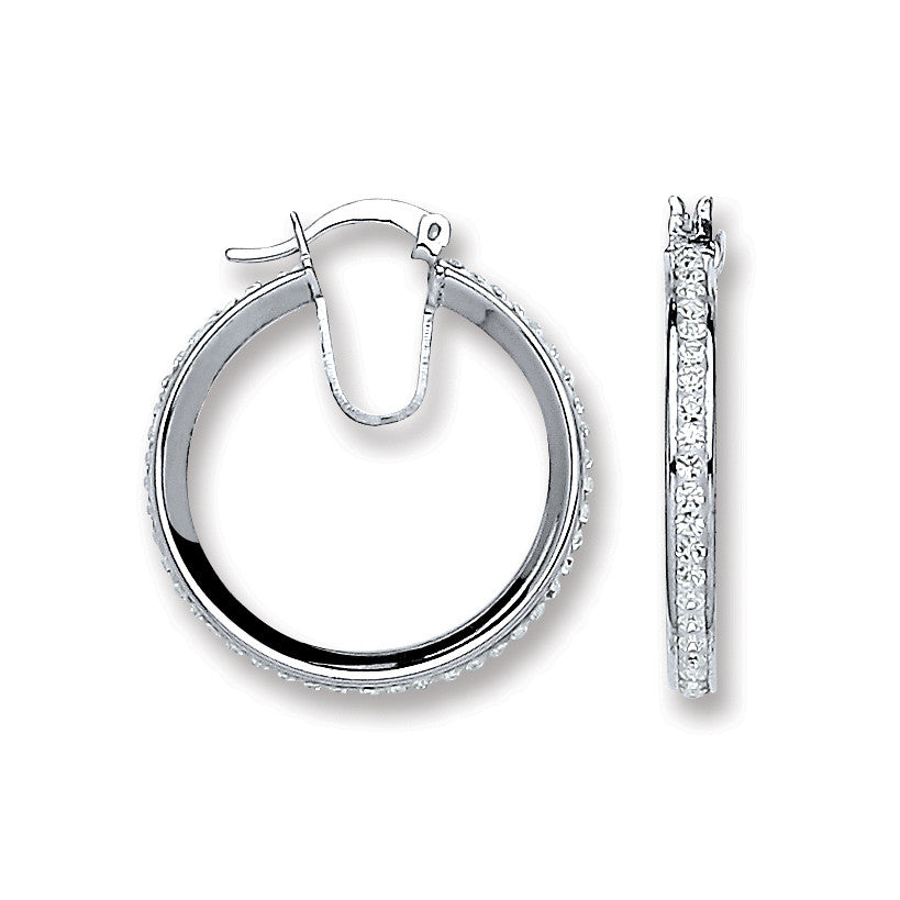 Sterling Silver Single Row Crystal Hoop Earrings