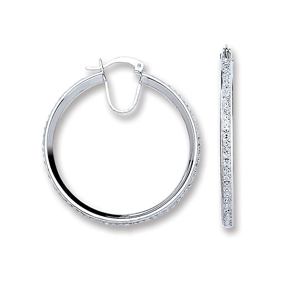 Sterling Silver Single Row Crystal Hoop Earrings