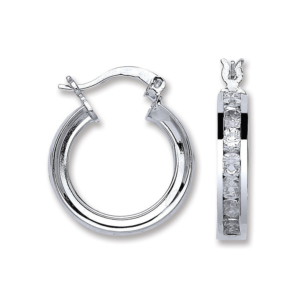 Sterling Silver Channel Set Cubic Zirconia Hoop Earrings