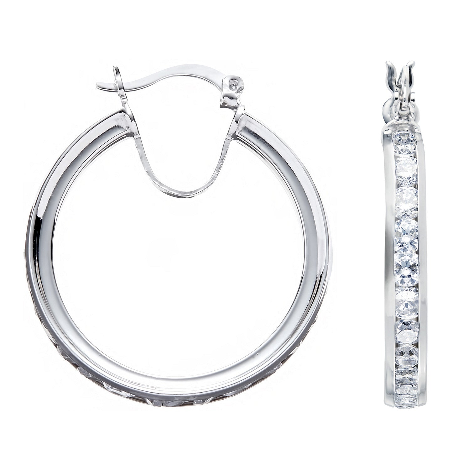 Sterling Silver Channel Set Cubic Zirconia Hoop Earrings
