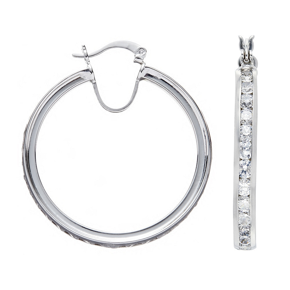 Sterling Silver Channel Set Cubic Zirconia Hoop Earrings