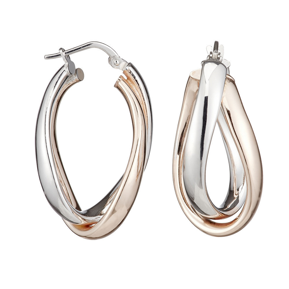 Sterling Silver Oval Two Tone Hoop Earrings