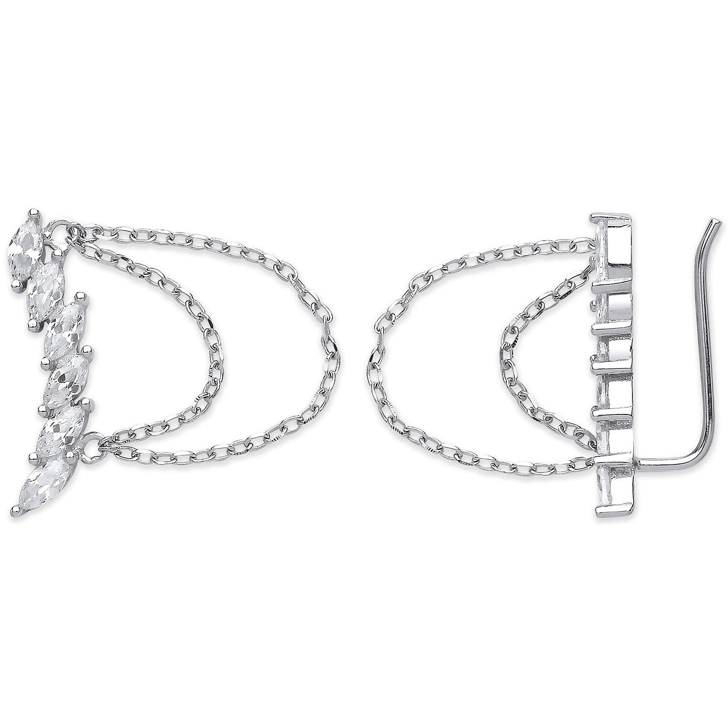 Sterling Silver Arc-shaped Ear Hook Marquee Cubic Zirconia with Chain Ear Clip Earrings