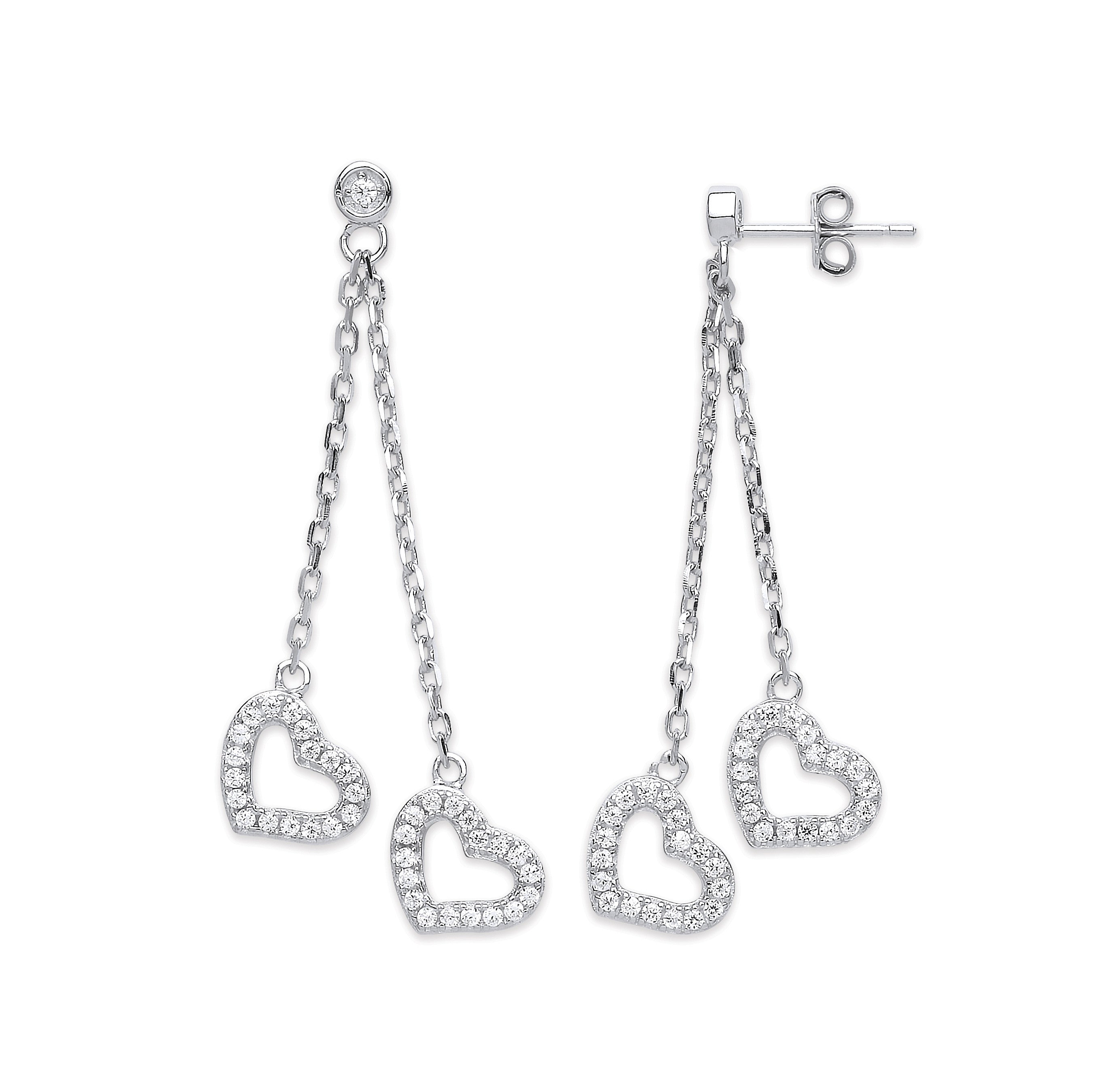 Sterling Silver 2-Strand Cubic Zirconia Hearts Drop Earrings