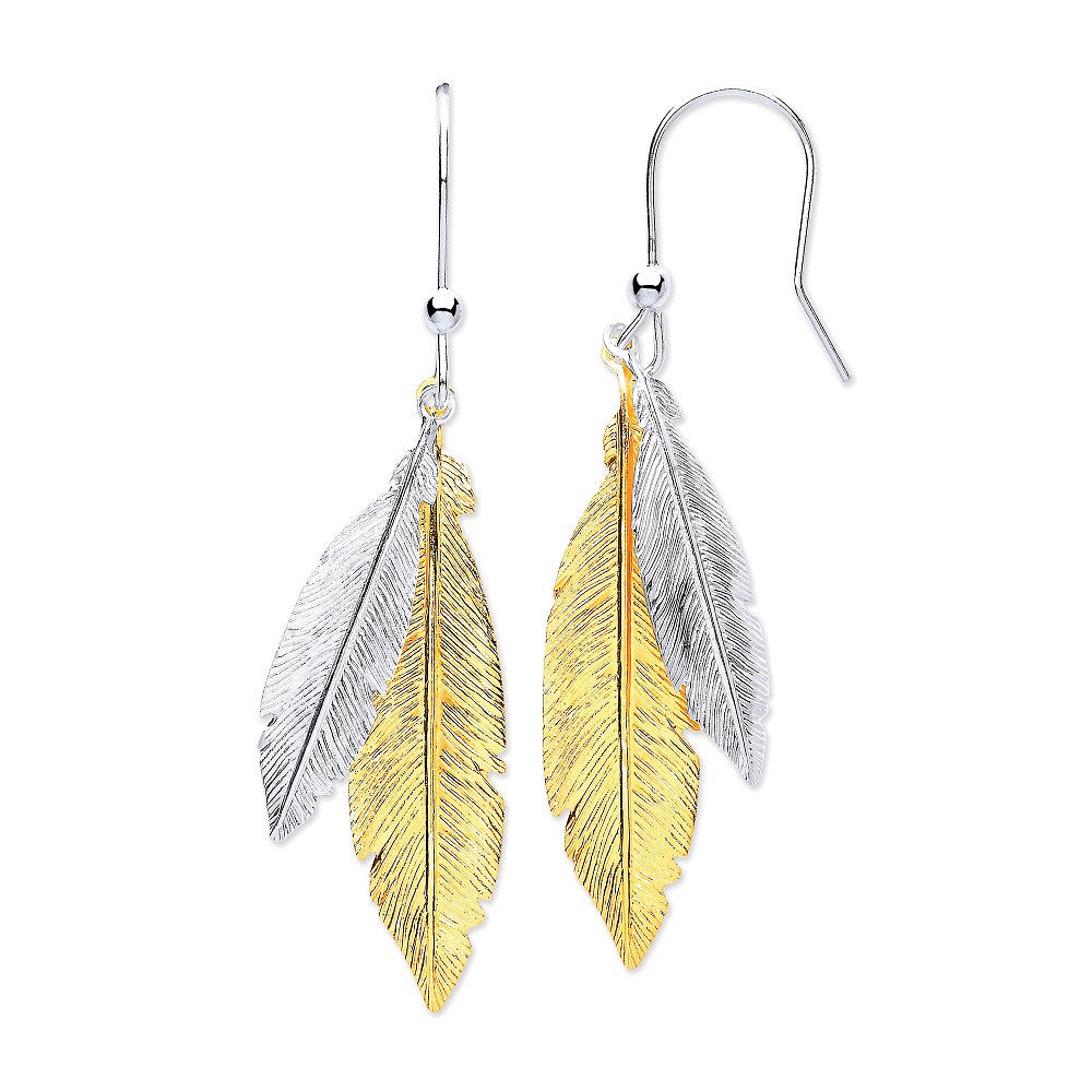 Sterling Silver & Gold Coated Feathers Drop Earrings