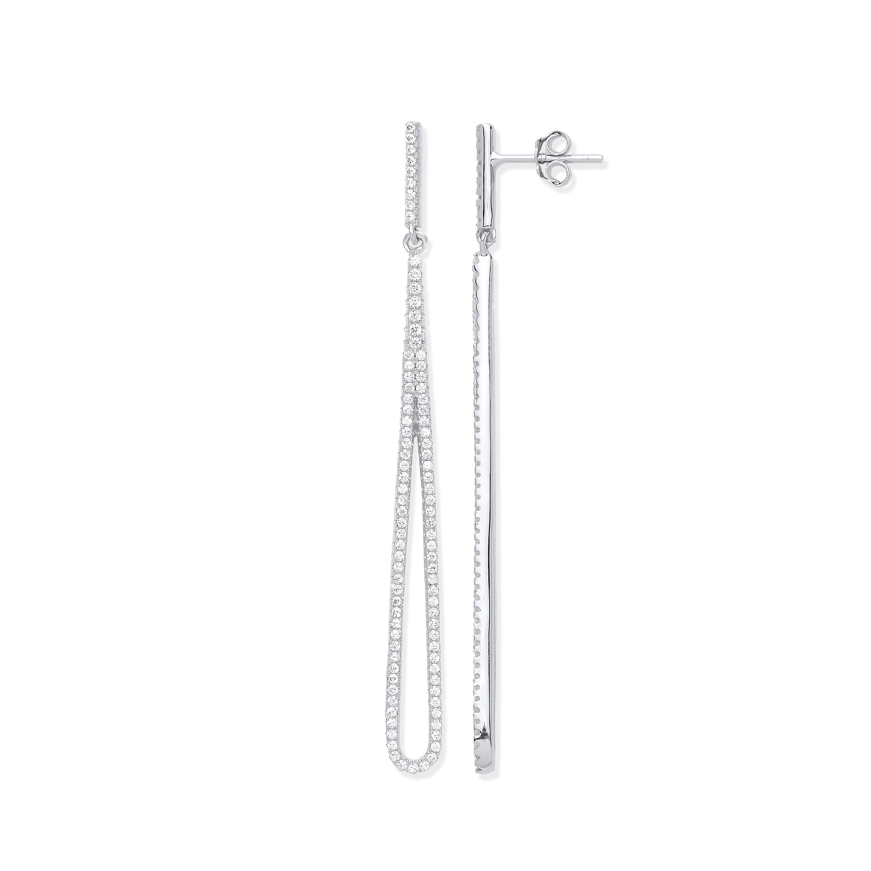 Sterling Silver Pave Cubic Zirconia Oval Linear Drop Earrings