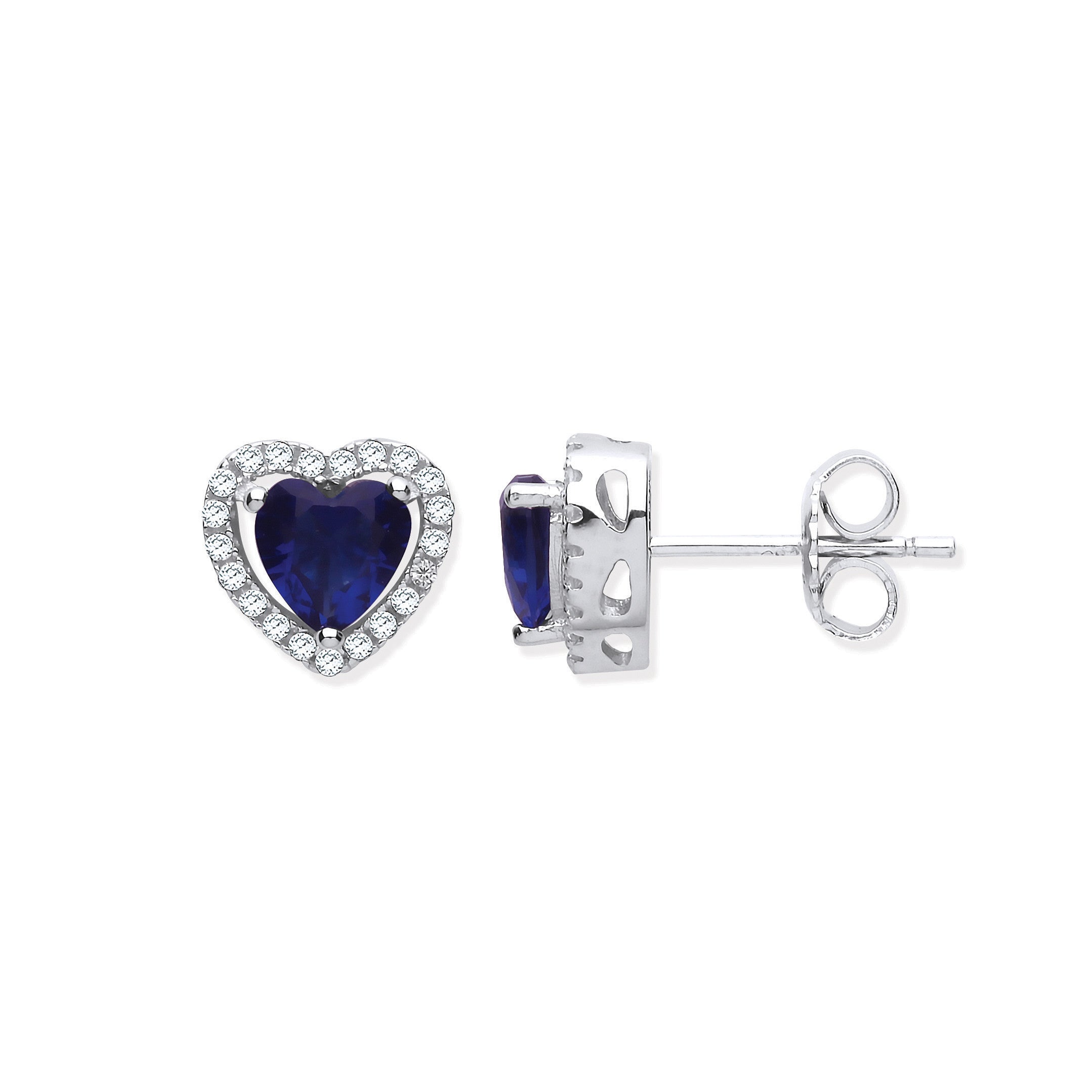 Sterling Silver Blue Cubic Zirconia Halo Heart Stud Earrings