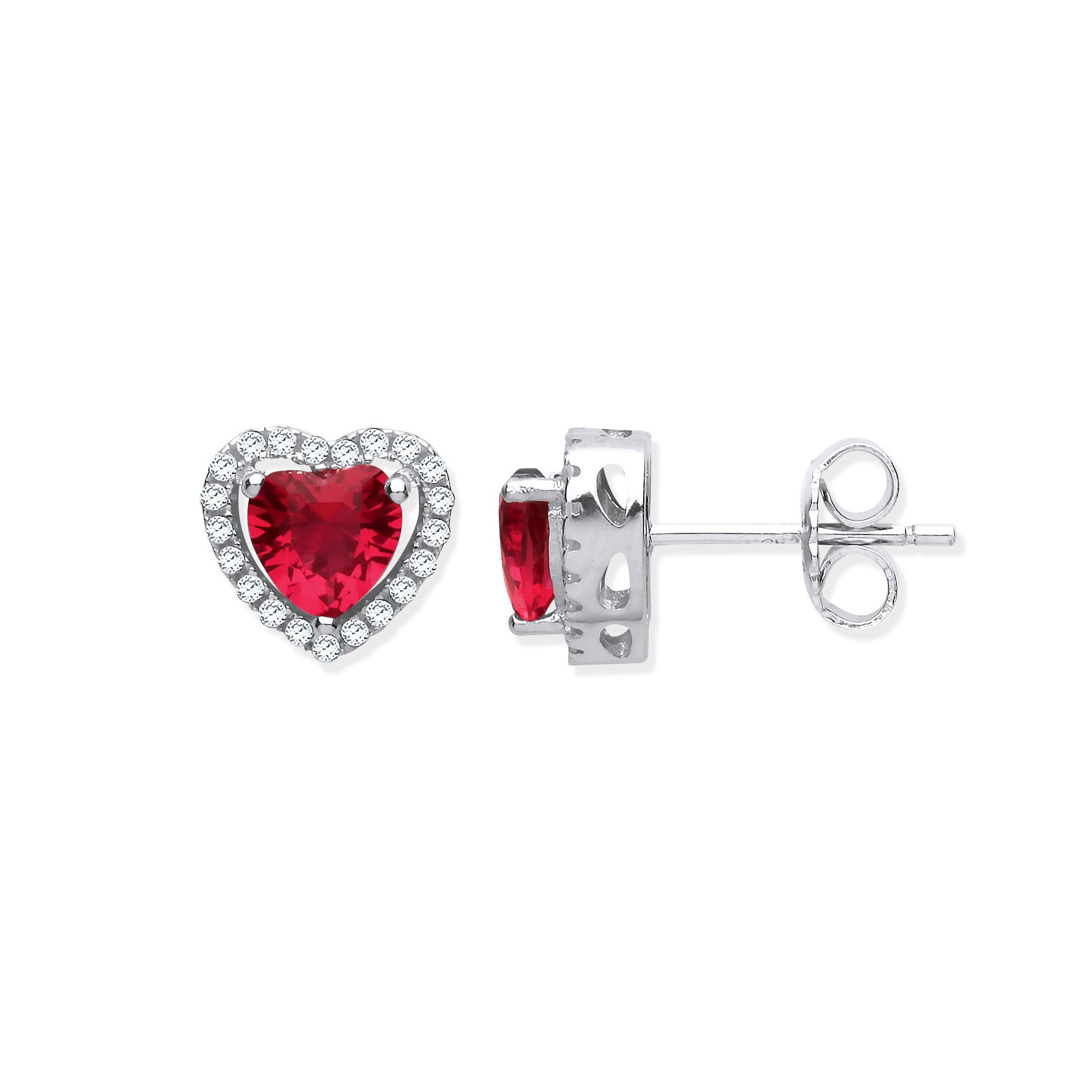 Sterling Silver Red Cubic Zirconia Halo Heart Stud Earrings