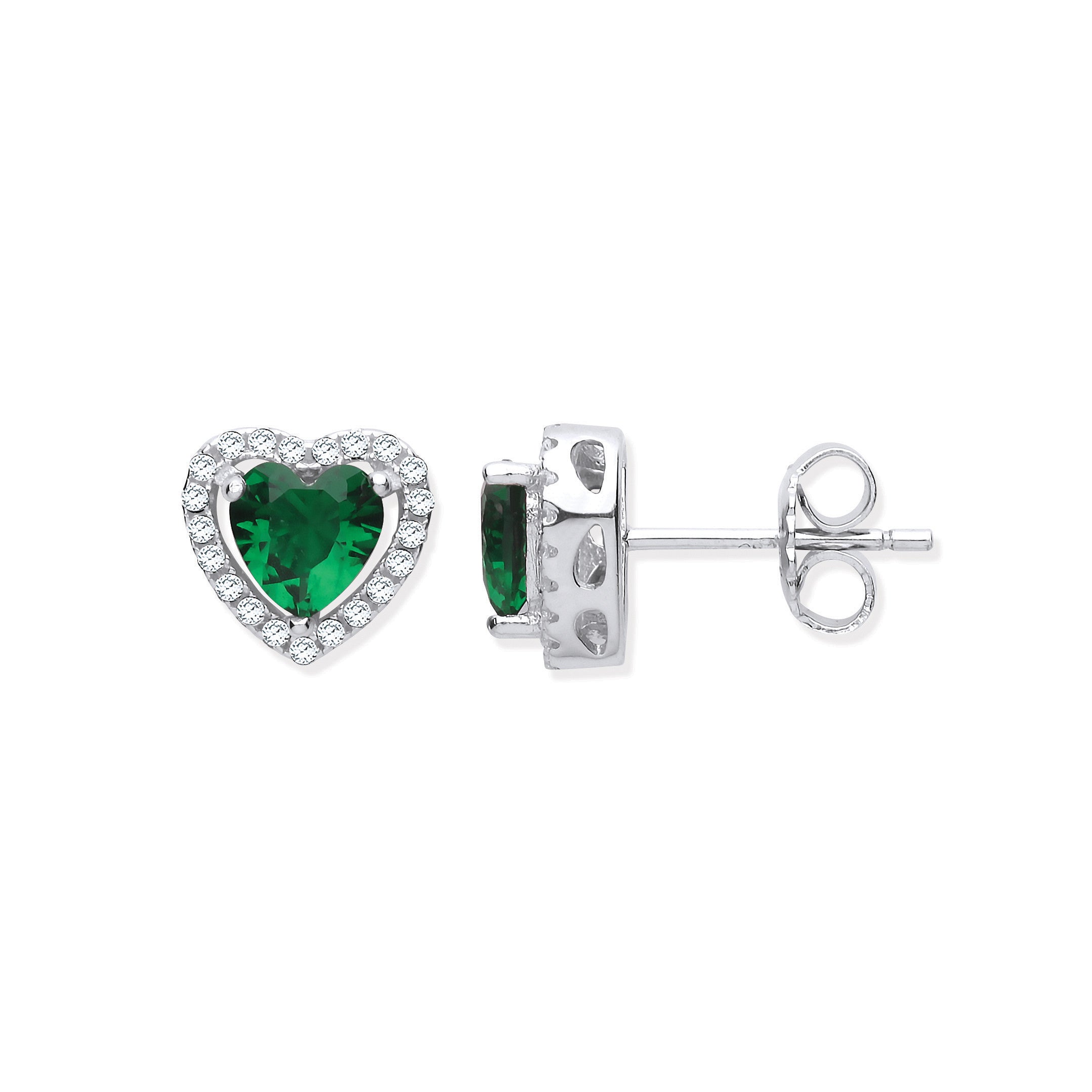 Sterling Silver Green Cubic Zirconia Halo Heart Stud Earrings