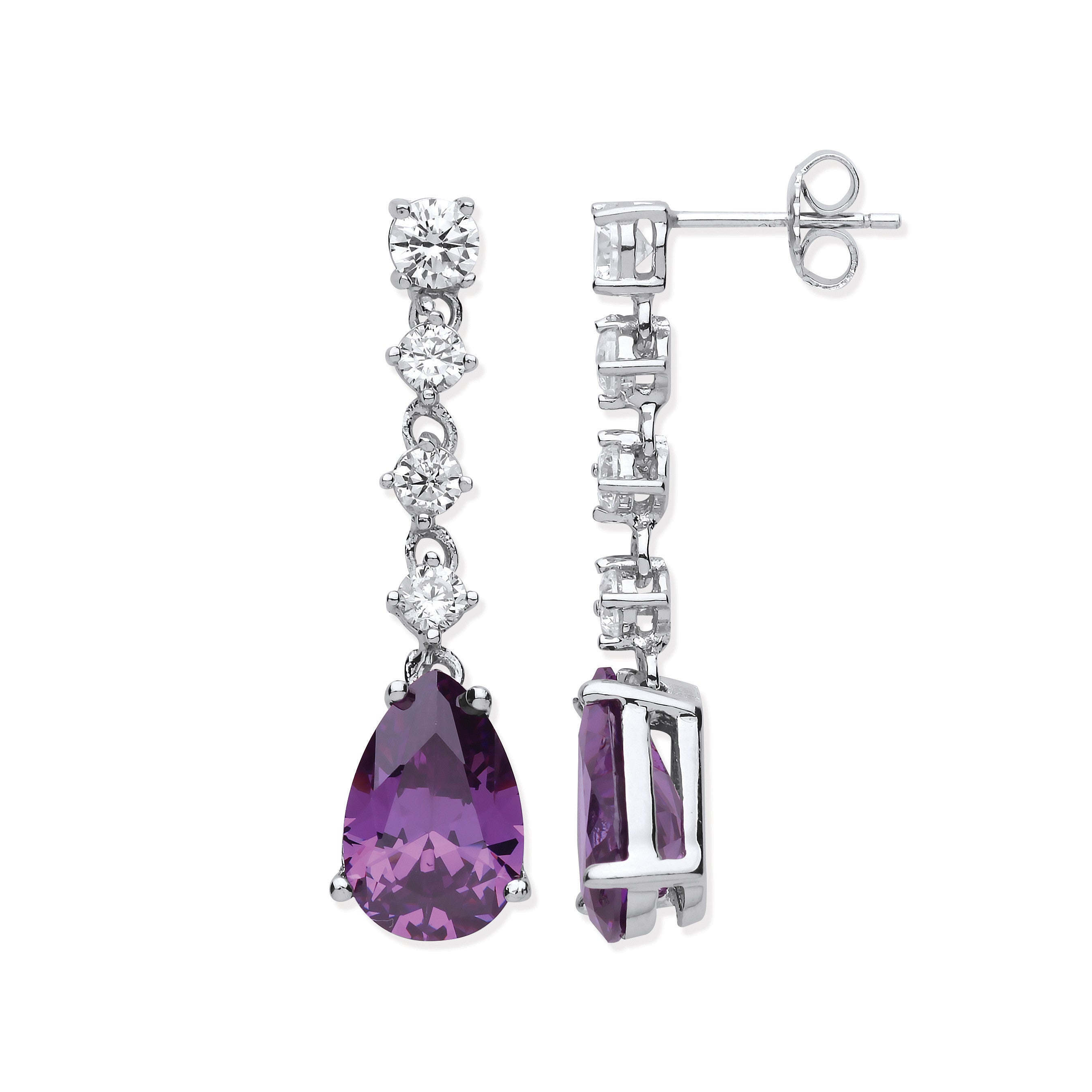 Sterling Silver Clear & Amethyst Colour Cubic Zirconias Long Drop Earrings