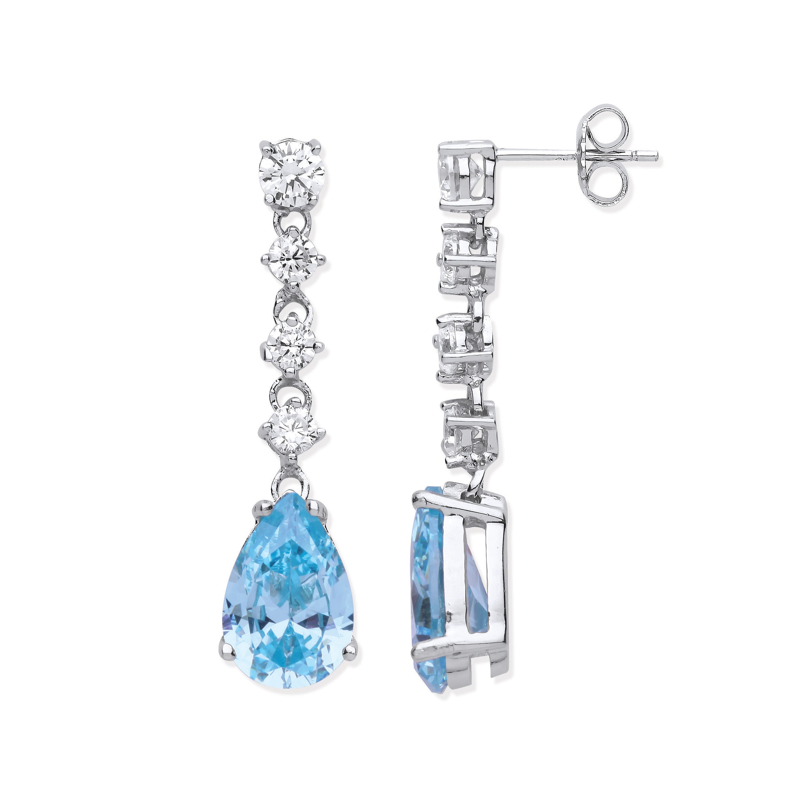 Sterling Silver Clear & Aquamarine Colour Cubic Zirconias Long Drop Earrings