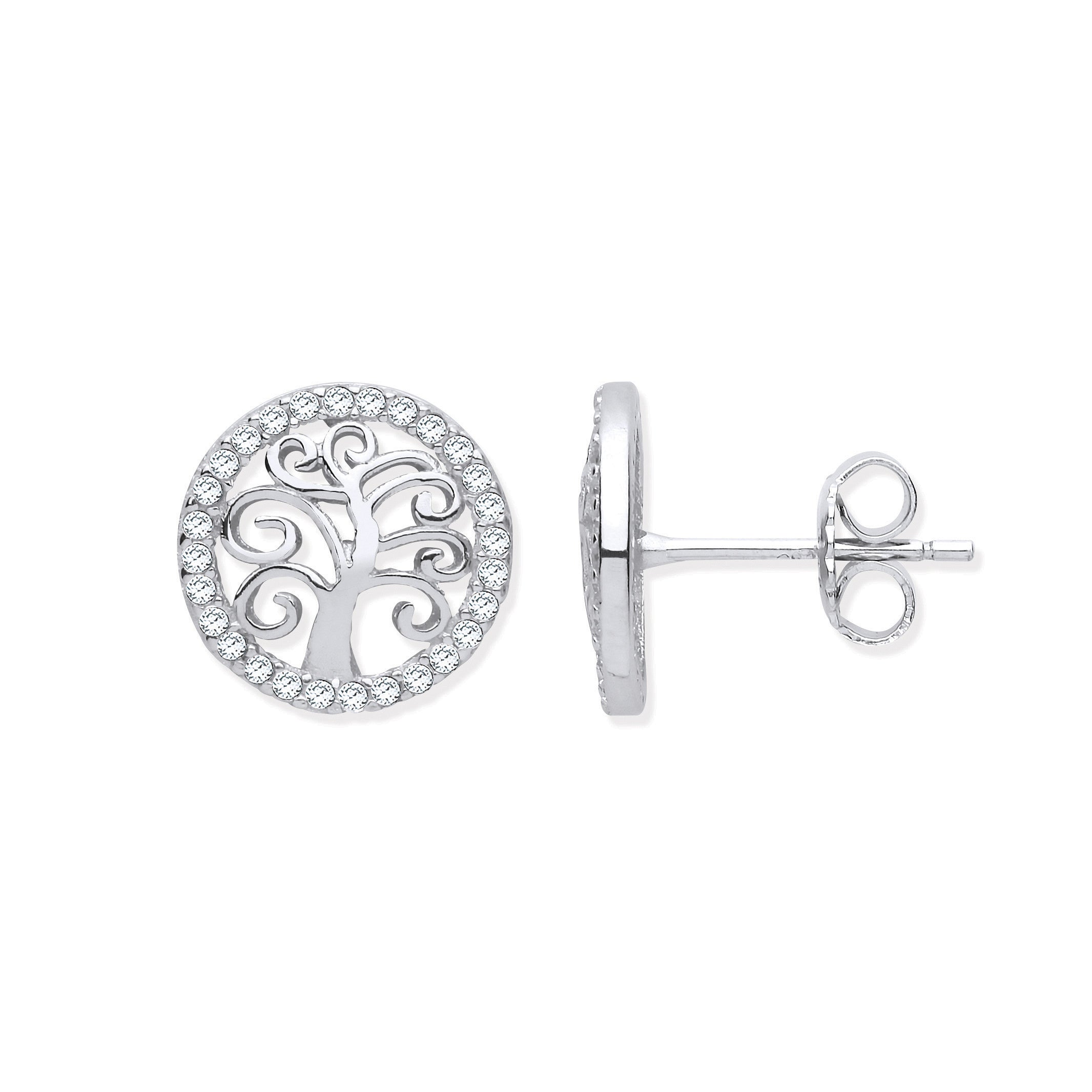 Sterling Silver Tree of Life Cubic Zirconia Stud Earrings