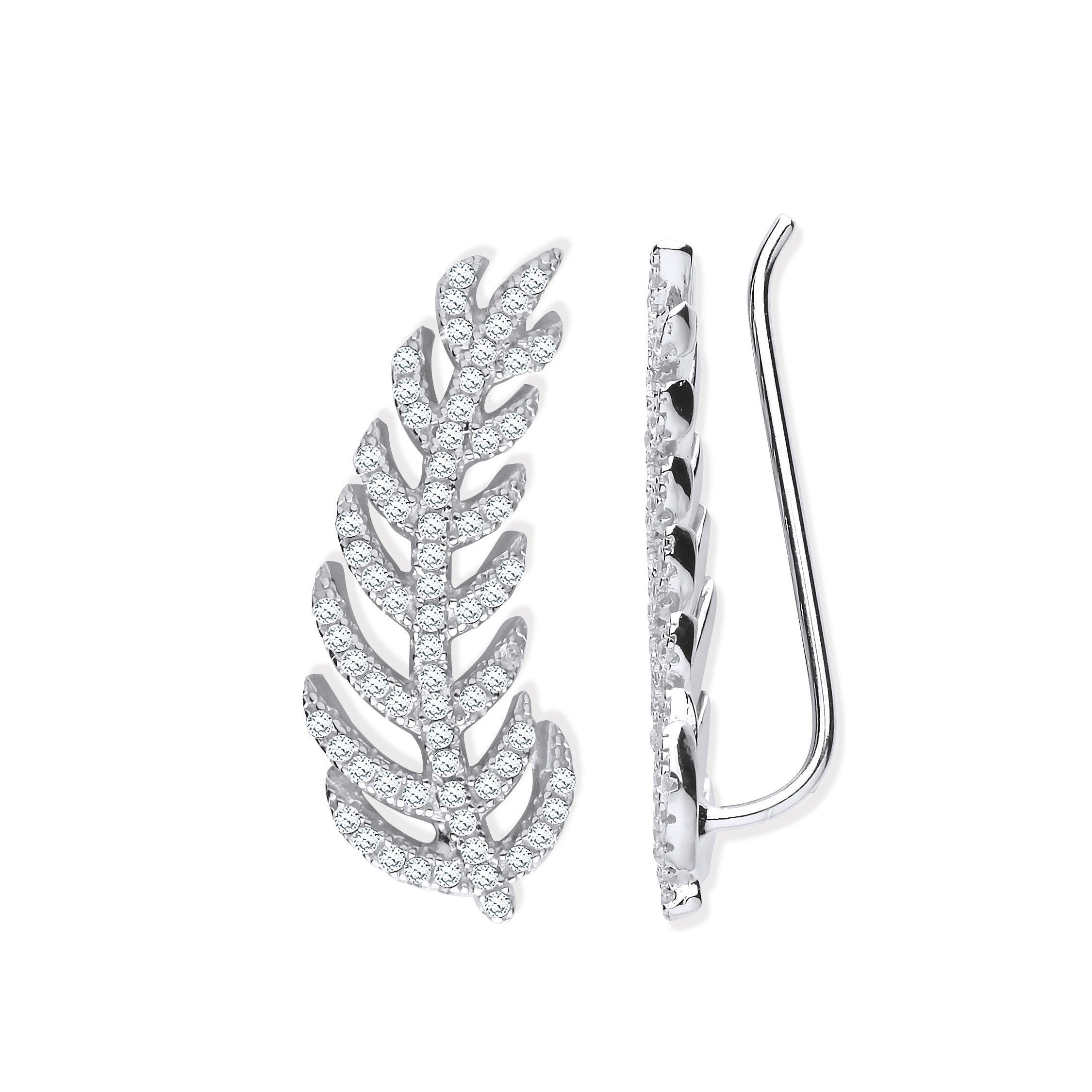 Sterling Silver Cubic Zirconia Barley Leaf Earcuff, Crawler, Earrings