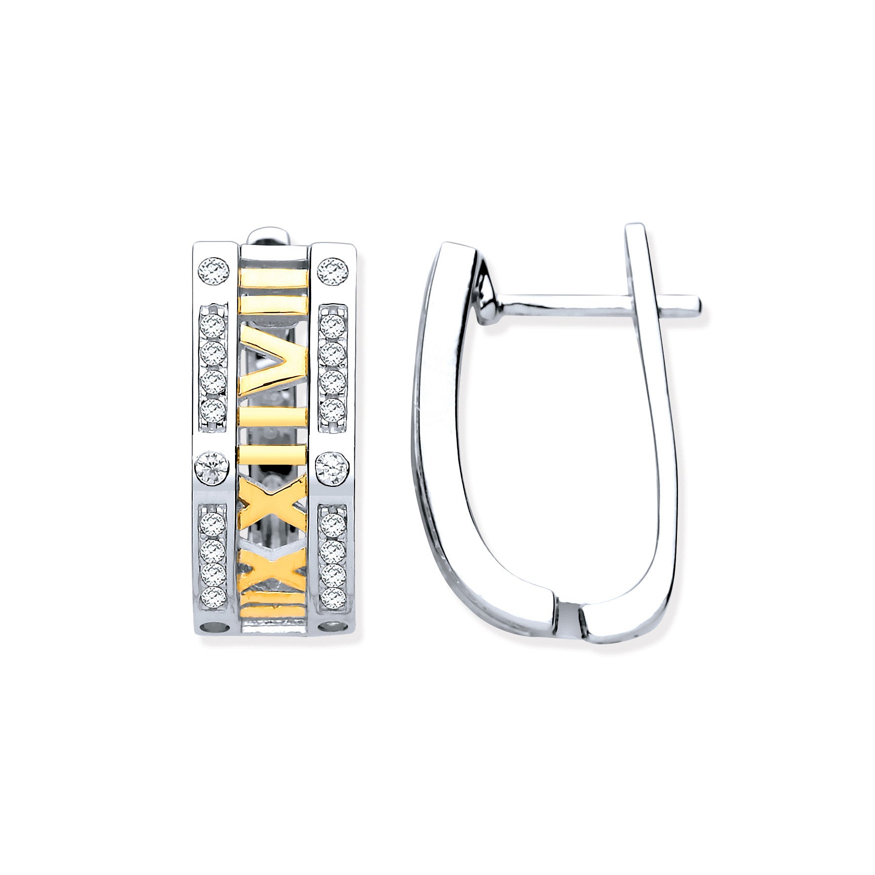 Sterling Silver with Yellow Gold Plated Roman Numeral Hoop Cubic Zirconia Earrings