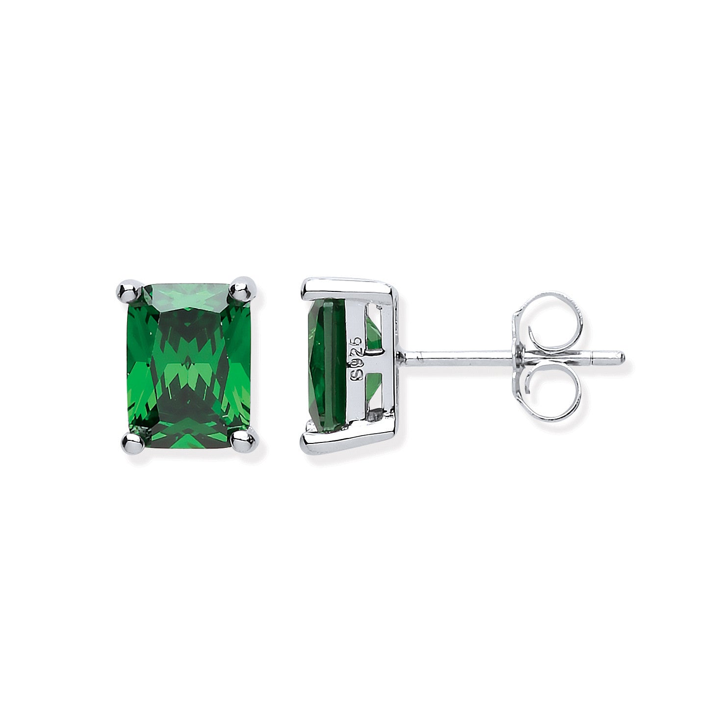 Sterling Silver Green Cubic Zirconia Emerald Cut Stud Earrings