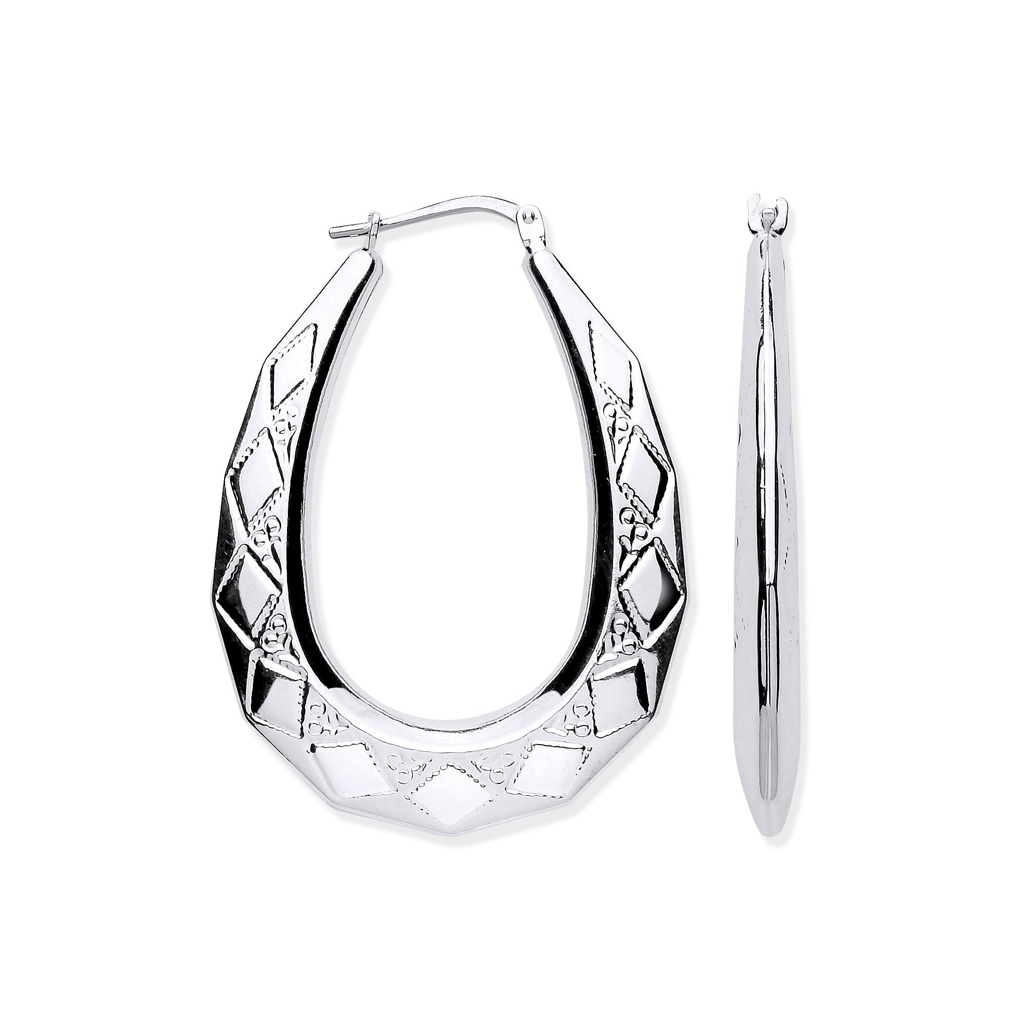 Sterling Silver Large Diamond Cut Oval Creoles