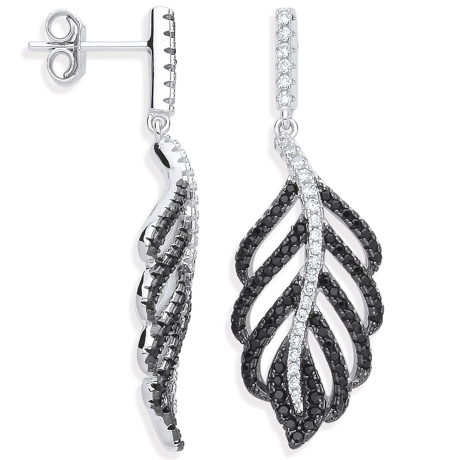 Sterling Silver Black & Clear Cubic Zirconia Leaf Drop Earrings
