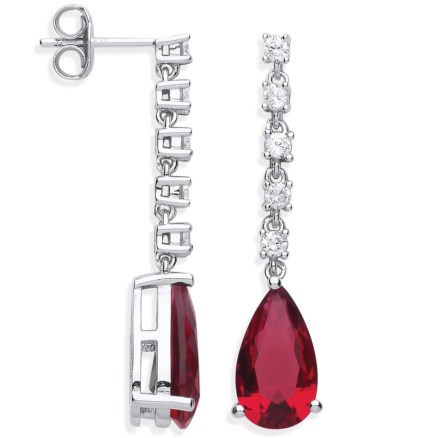 Sterling Silver Ruby Red Pear Shape Cubic Zirconia Drop Earrings