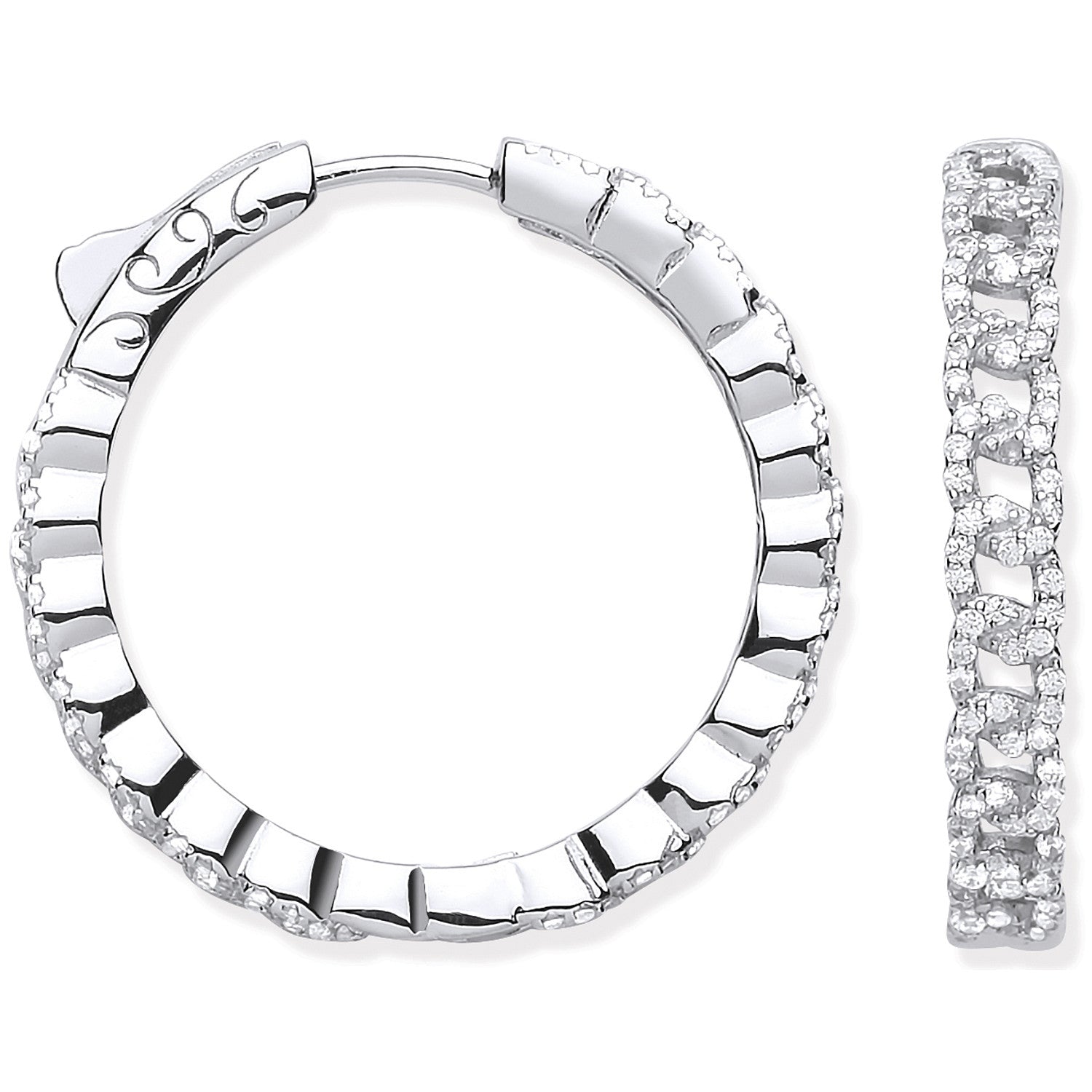 Sterling Silver Curb Chain Link Cubic Zirconia Hoop Earrings