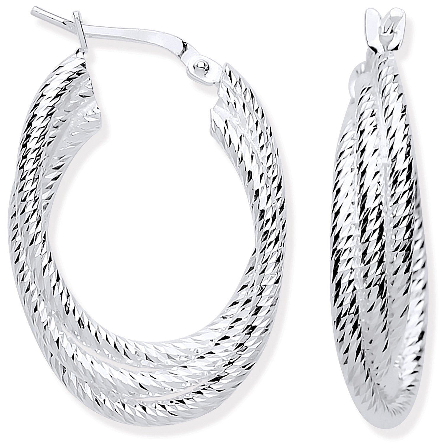 Sterling Silver Ribbed Oval 3 Row Hoop Earrings