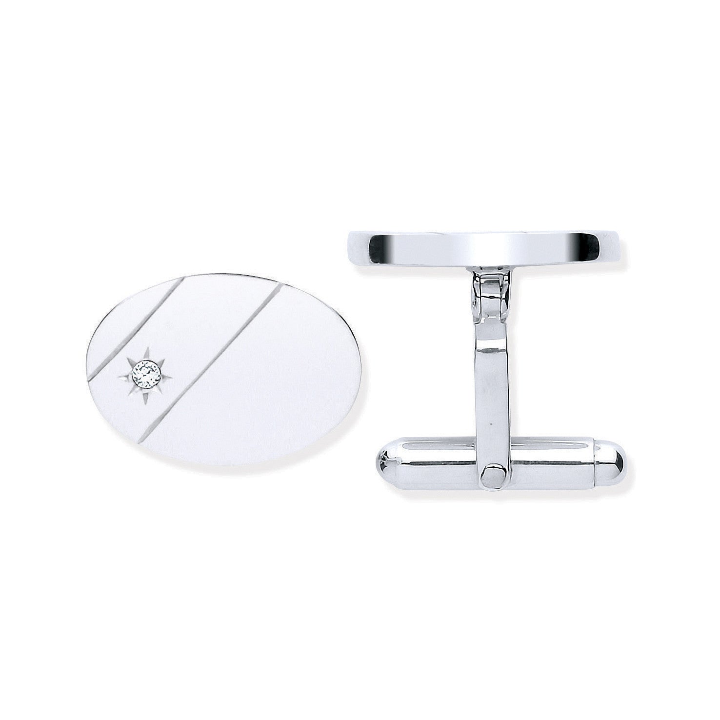 Sterling Silver Cubic Zirconia, Plain Oval Cufflinks