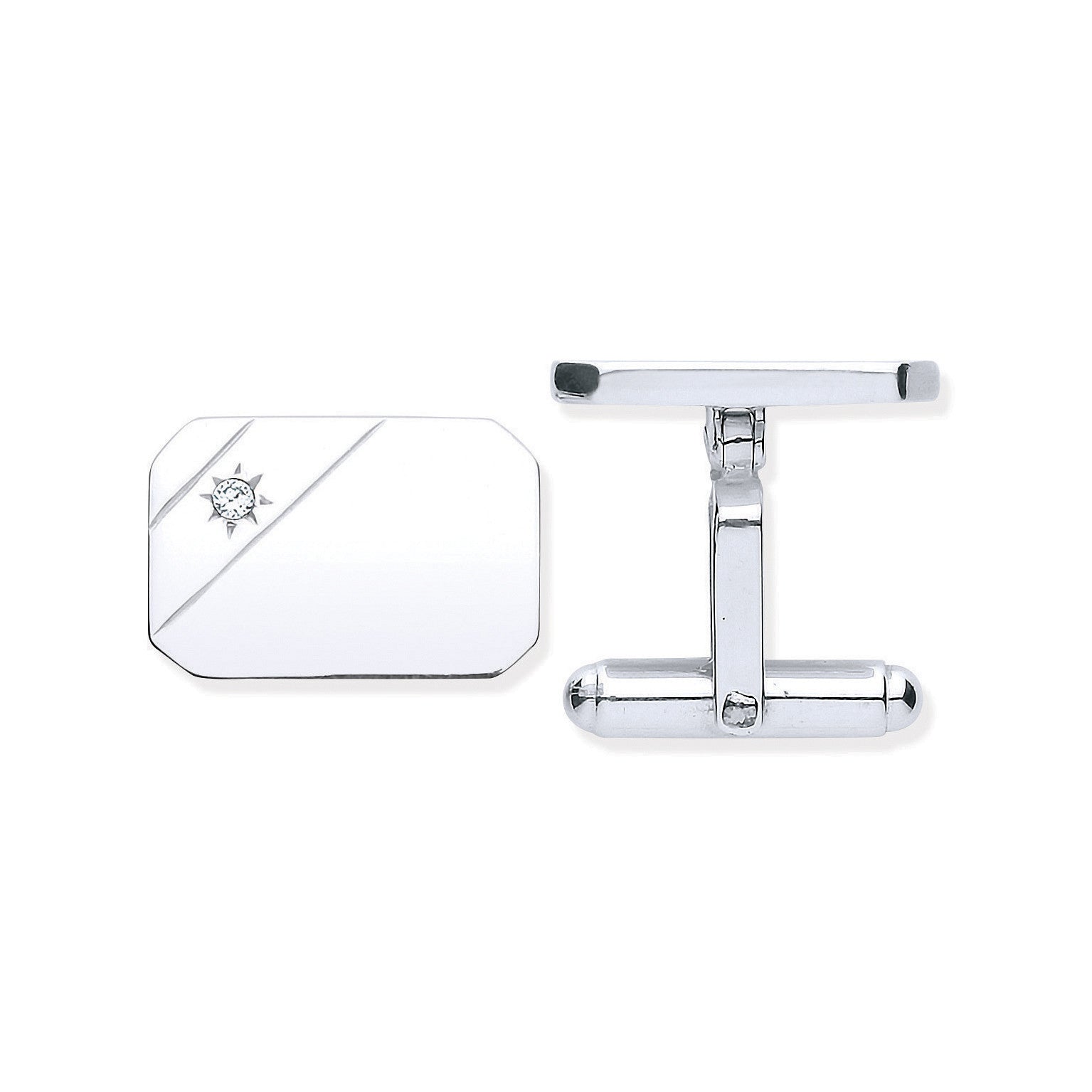 Sterling Silver Cubic Zirconia, Rectangle, Soft Edge Cufflinks