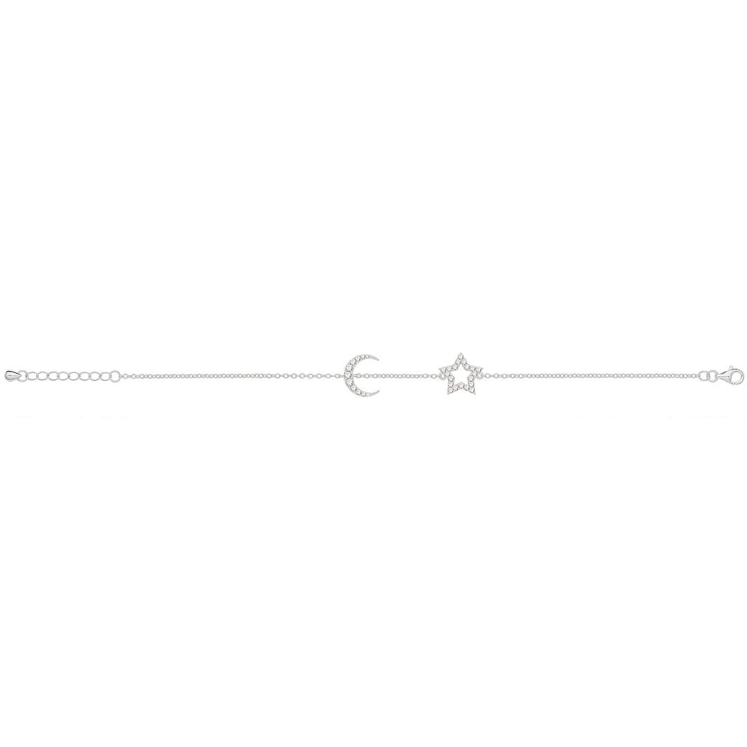 925 Sterling Silver Ladies' Rhodium Star Moon Bracelet — 2.8g