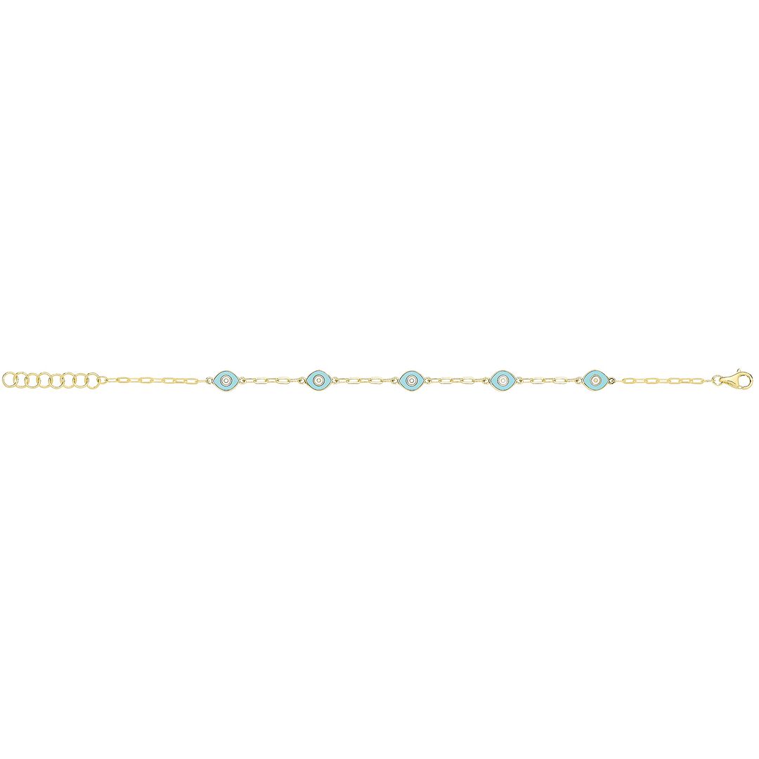 9 Carat (375) Yellow Gold Unisex White Turquoise Enamel Evil Eye Bracelet — 2.5g