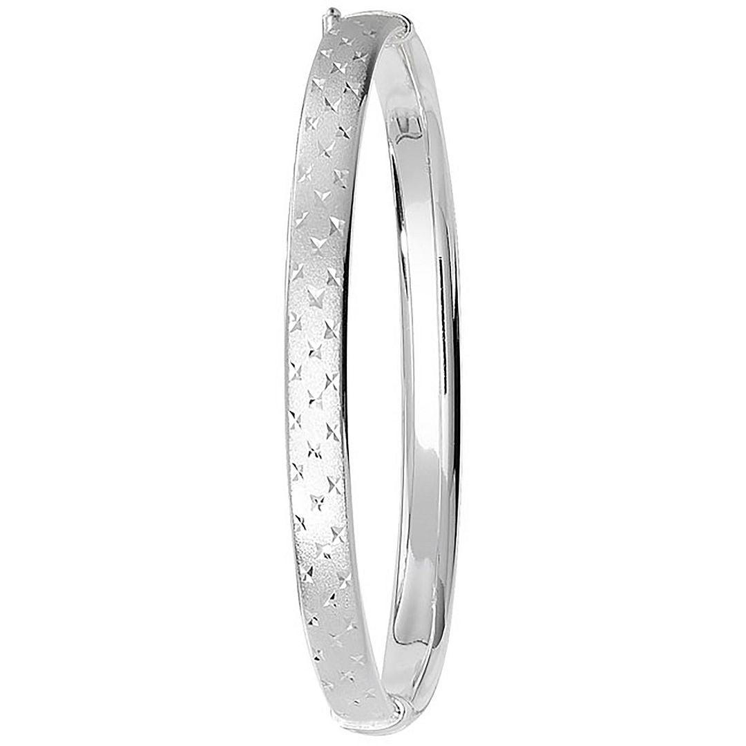 925 Sterling Silver Ladies' Oval Diamond Cut Frosted Hinged Bangle — 6.0g